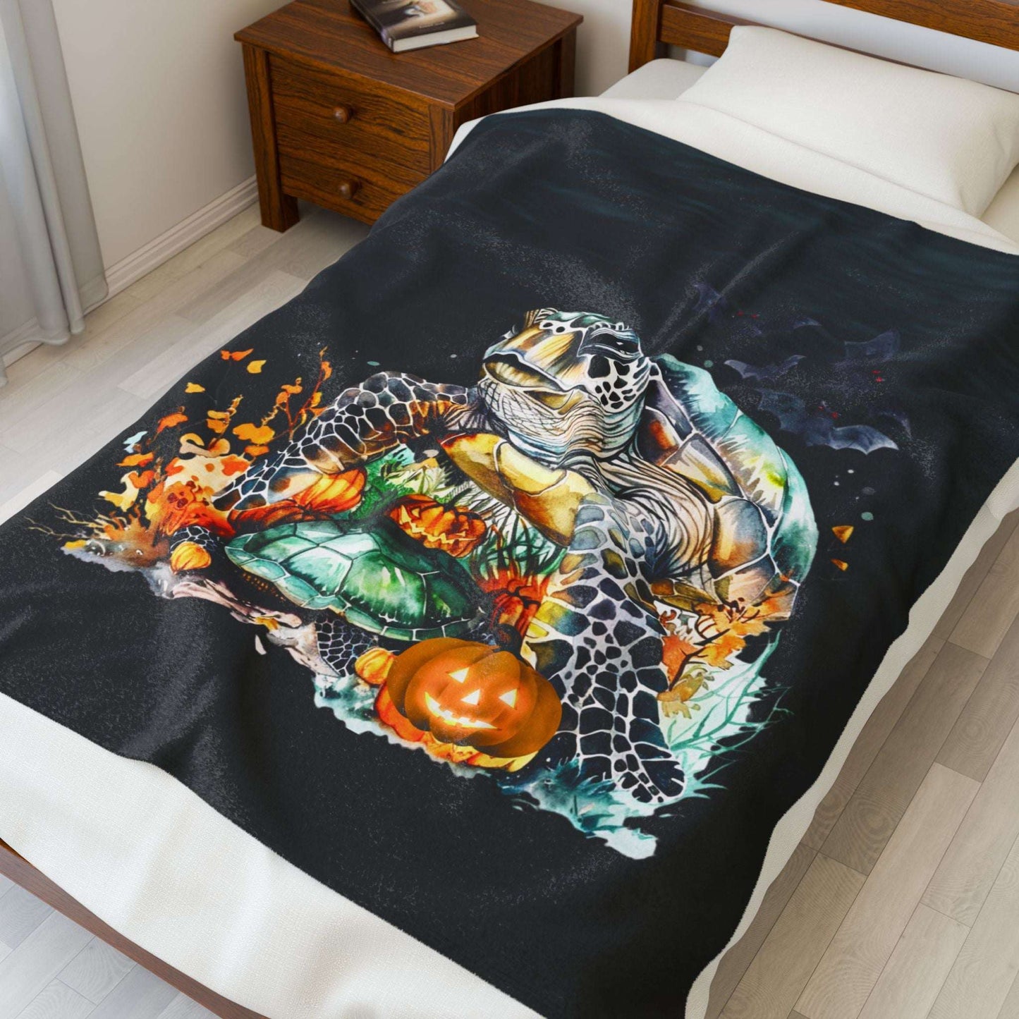 Sea Turtle Plush 50" x 60" Blanket with underwater plants and pumpkins on dark water background.