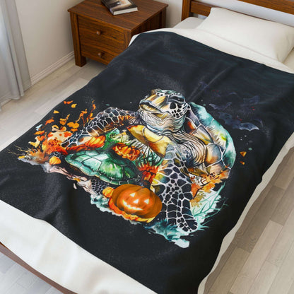 Sea Turtle Plush 50" x 60" Blanket with underwater plants and pumpkins on dark water background.