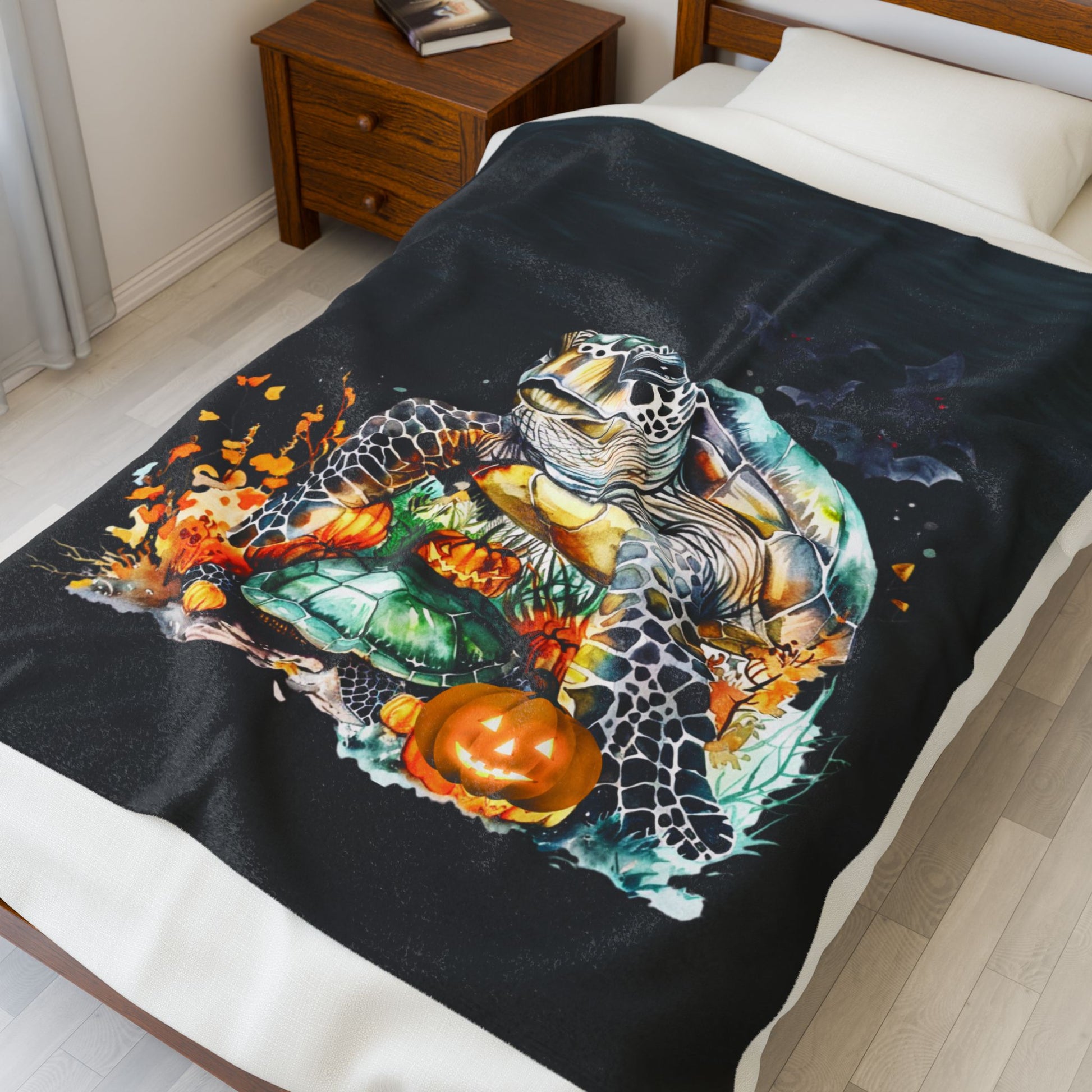 Sea Turtle Plush 50" x 60" Blanket with underwater plants and pumpkins on dark water background.