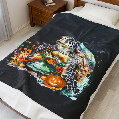Sea Turtle Plush 50" x 60" Blanket with underwater plants and pumpkins on dark water background.