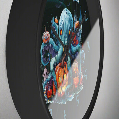 Decorative clock with a Halloween-themed design featuring pumpkins and an octopus.