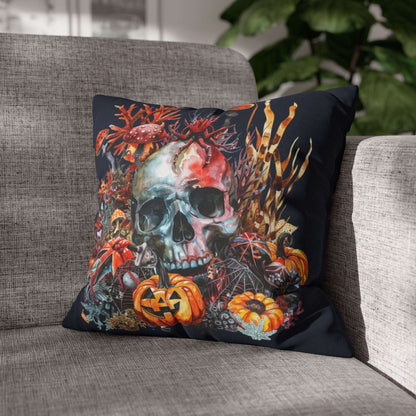 Decorative pillow cases with a skull and pumpkins design on a dark background.