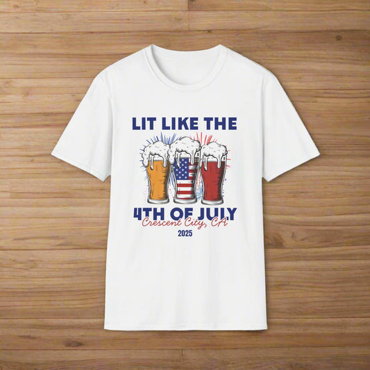 White t-shirt featuring three pint glasses—one filled with the American flag with slogan Lit Like the 4th of July Crescent City, CA 2025.