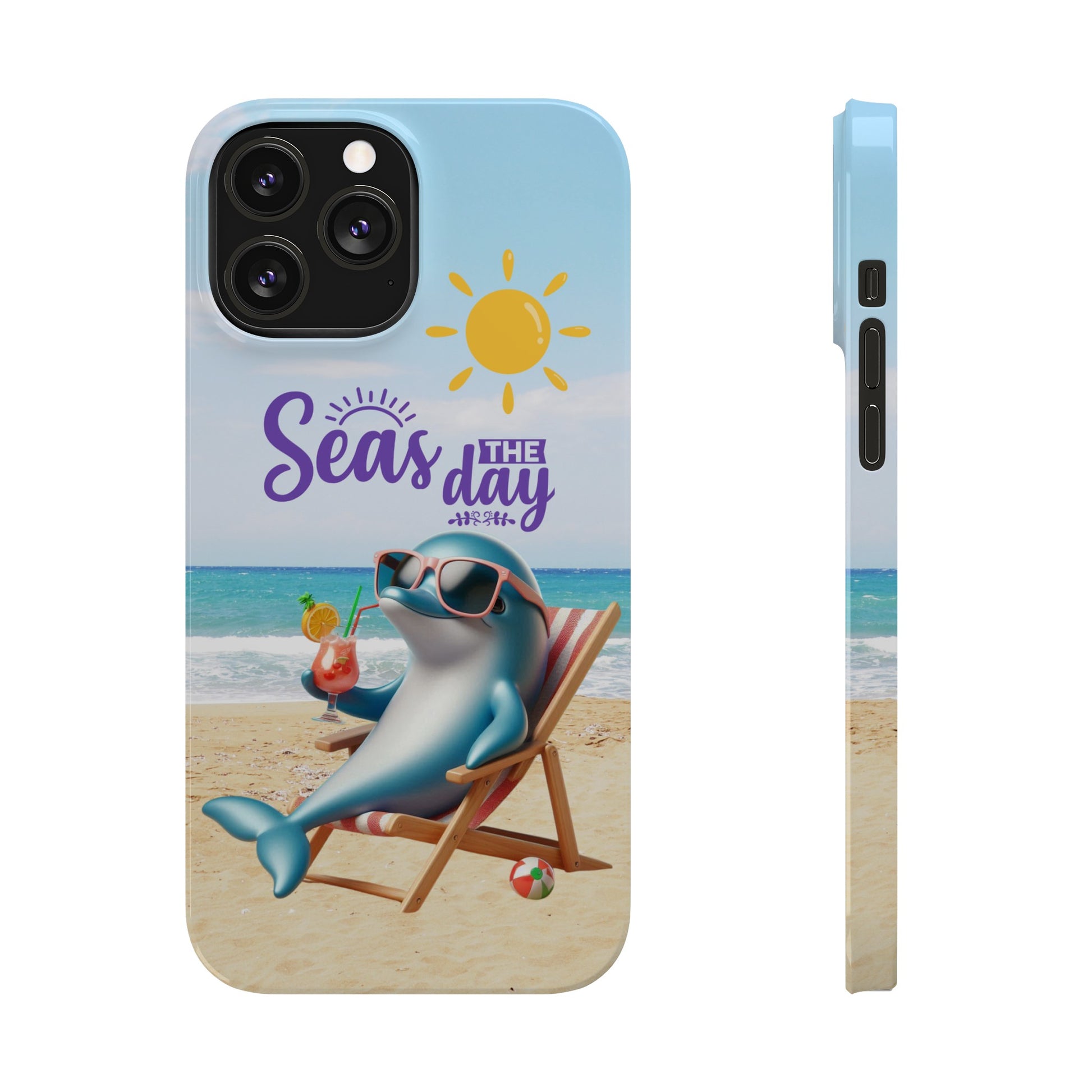 iPhone Case Dolphin sitting in beach lounge chair on beach with text Seas The Day