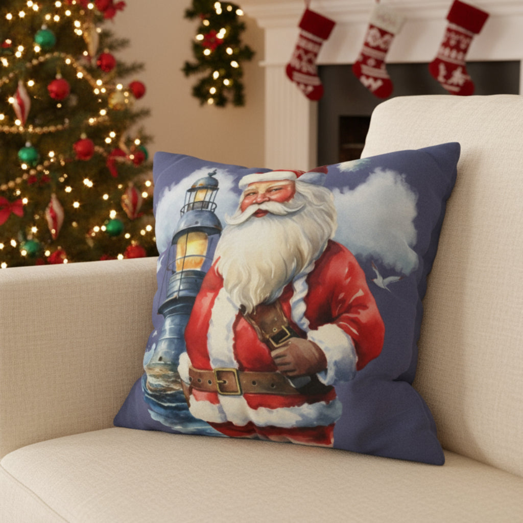 Decorative pillow with Santa Claus design on a couch