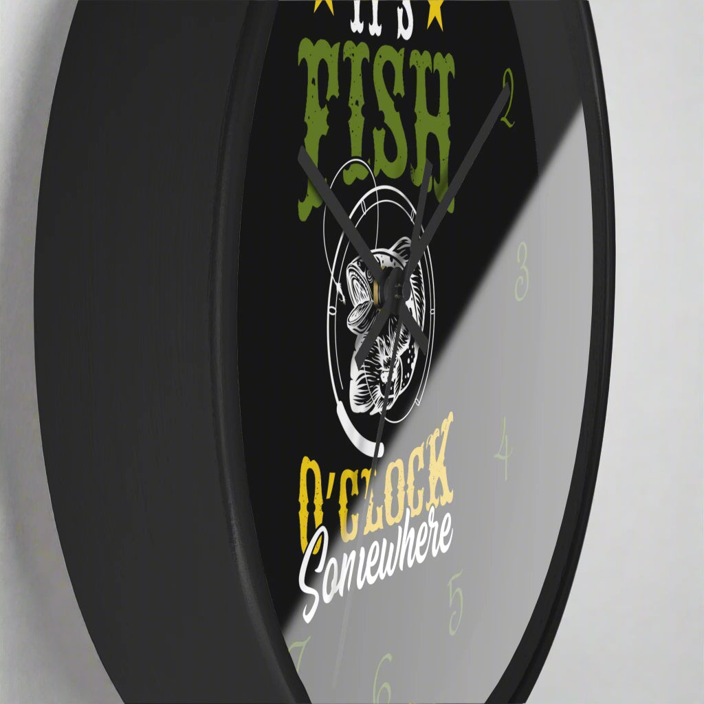 Wall clock with fishing-themed design on a black background