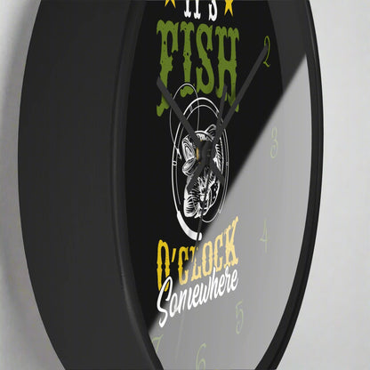 Wall clock with fishing-themed design on a black background