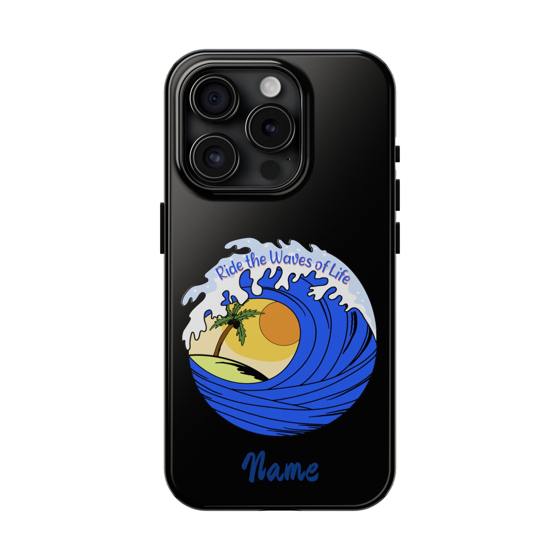 Phone case black with barrel wave with sunset in middle that says Ride the Waves of life