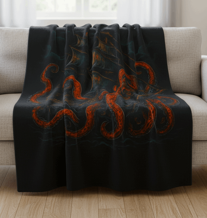 Black blanket with gothic looking octopus wrapping an old ship.