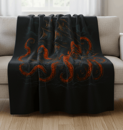 Black blanket with gothic looking octopus wrapping an old ship.
