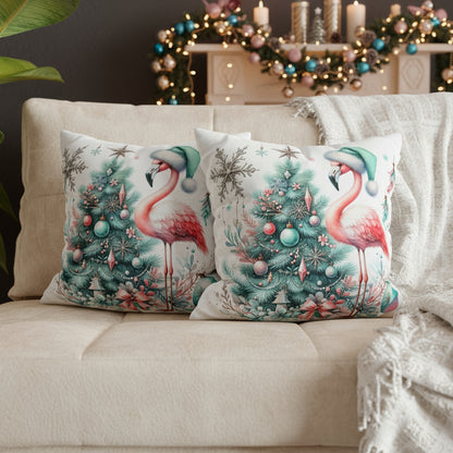 Decorative pillows with flamingo and Christmas tree design on a sofa.