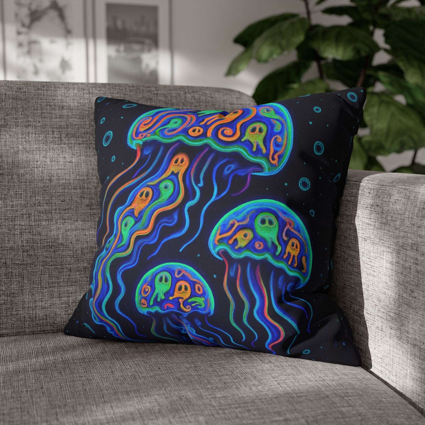 Decorative Halloween pillow with colorful jellyfish design double-sided. 