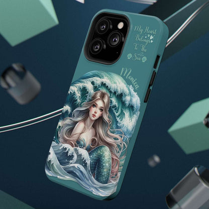 iPhone case with mermaid design on a dark blue background