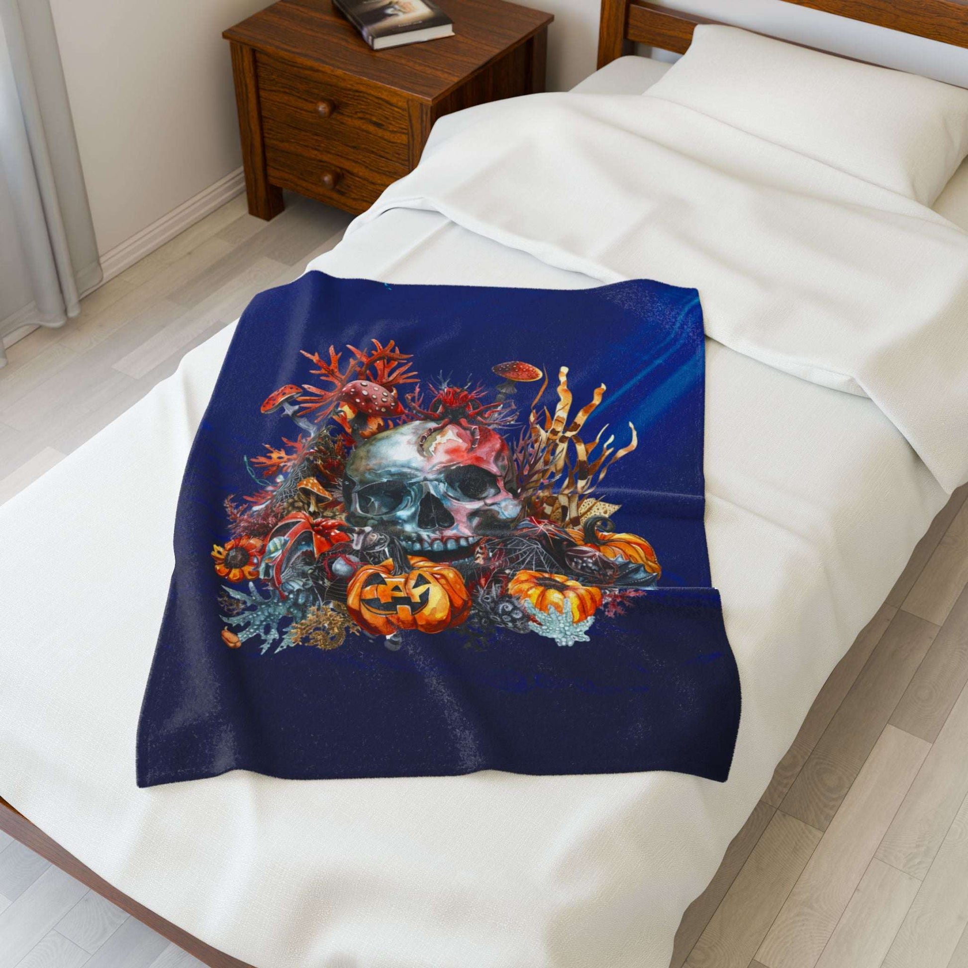 Halloween Skull Plush 30" x 40" Blanket with skull, pumpkins, and underwater plants on dark blue background.