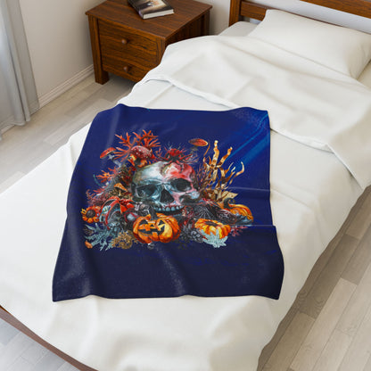 Halloween Skull Plush 30" x 40" Blanket with skull, pumpkins, and underwater plants on dark blue background.