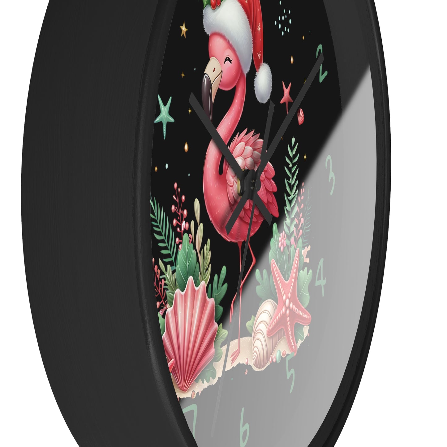 Wall clock with a pink flamingo wearing a Santa hat on a black background
