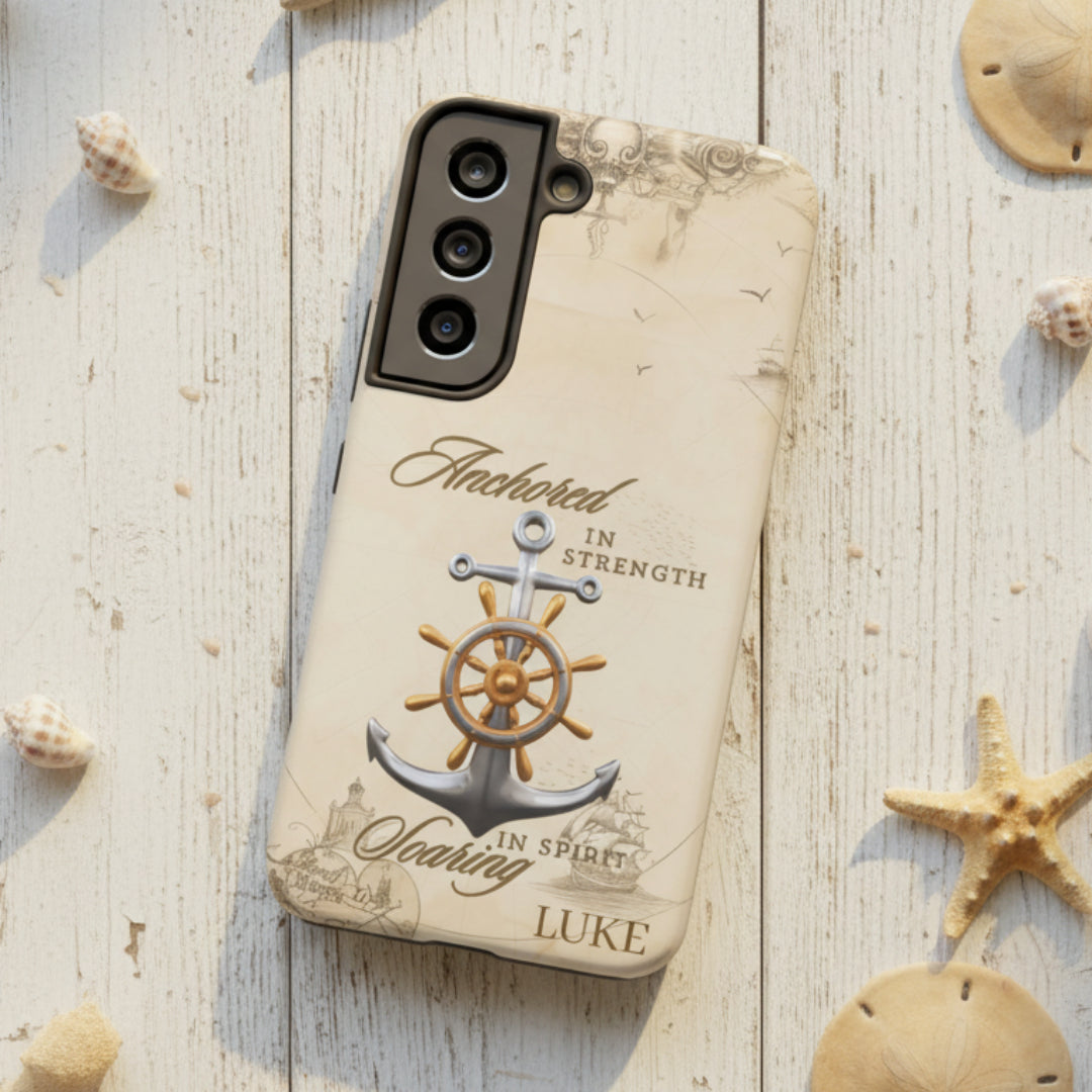 Phone case with anchor and ship wheel design that can be personalized.