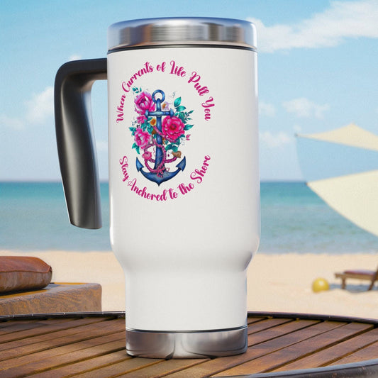 Blue anchor with hot pink flowers white stainless steel 14 oz. travel mug with inspirational quote “Stay Anchored to the Shore”.