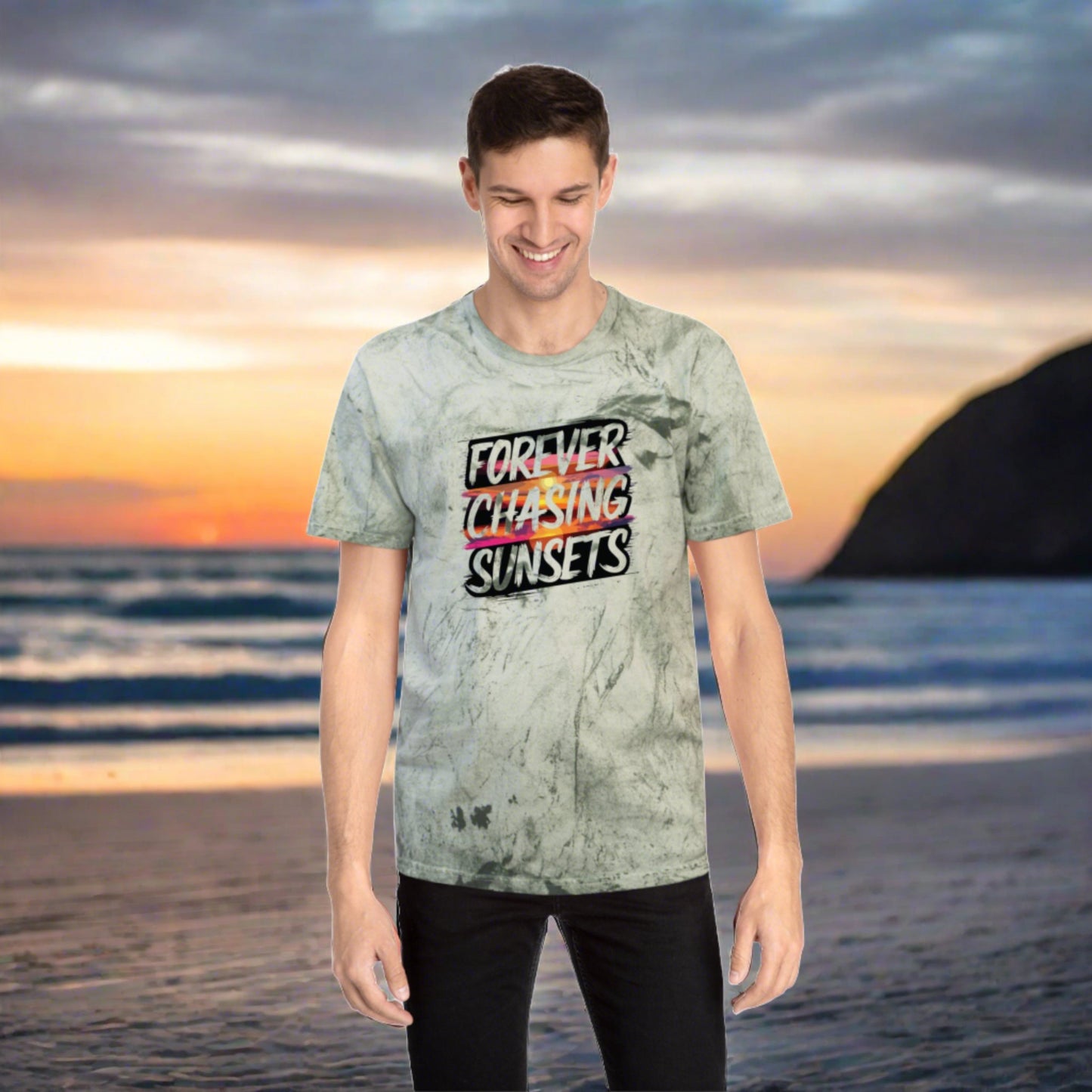 a smoke color burst t-shirt that has a sunset on it with the words chasing sunsets on it.