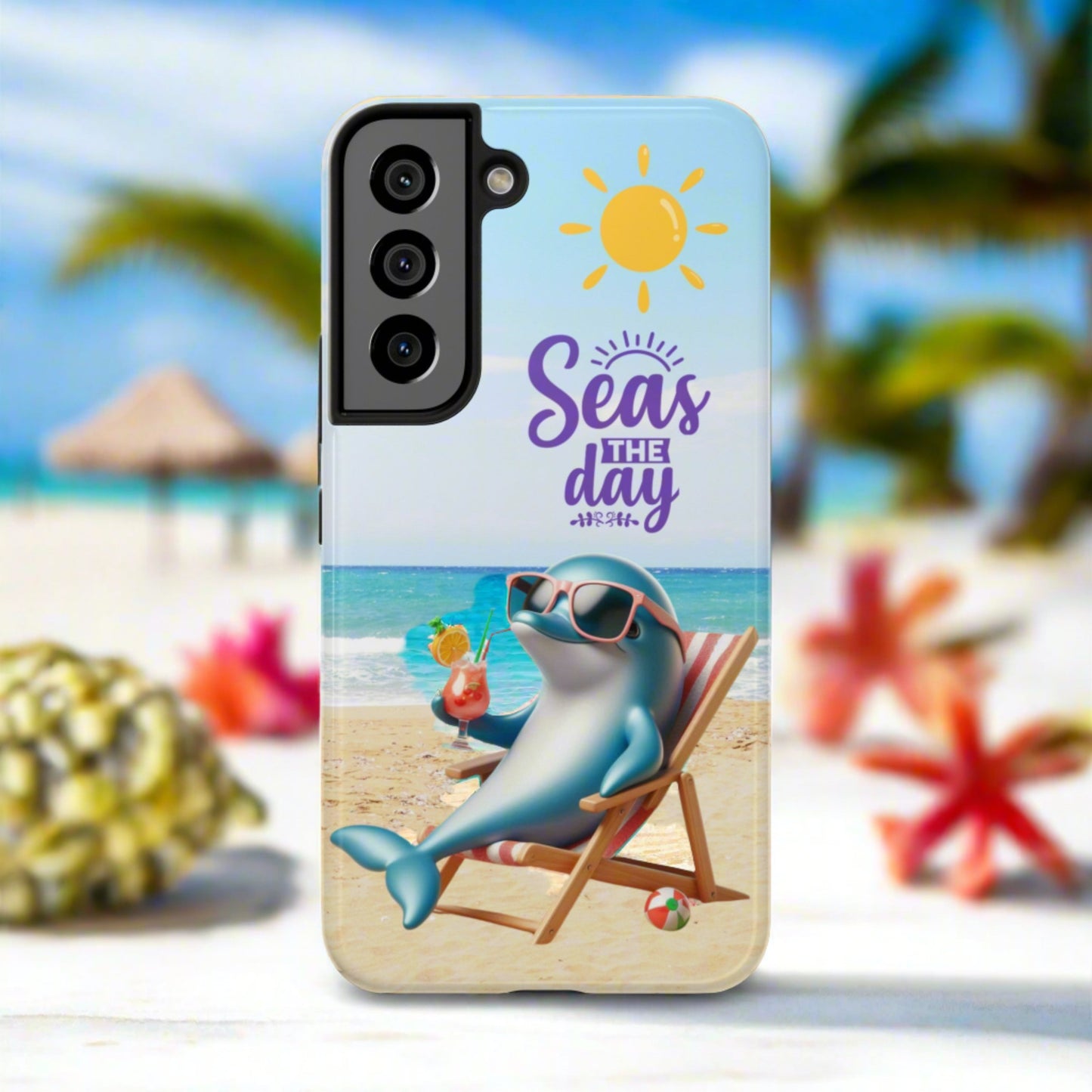 Samsung Phone Case Dolphin sitting in beach lounge chair on beach with text Seas The Day Personalized