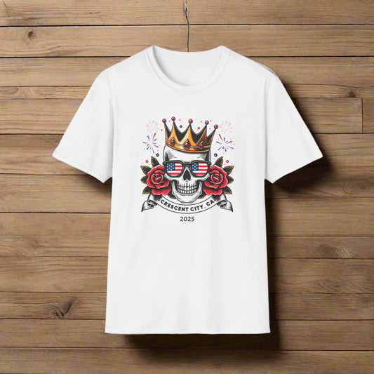White T-shirt with a graphic of a skull, roses, crown, and Crescent City, CA text below.
