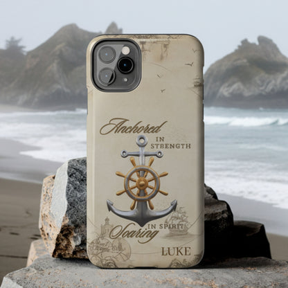 Phone case with anchor and ship wheel design that can be personalized.