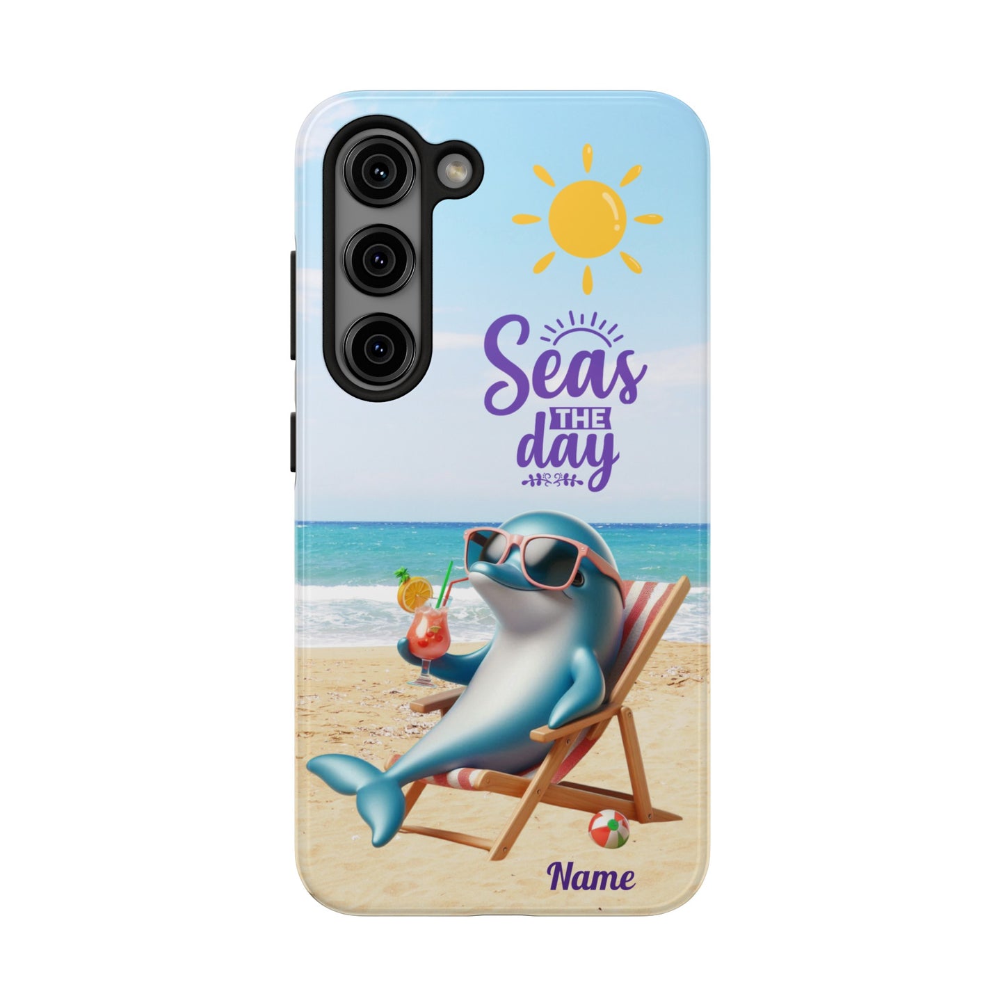 Phone Case Dolphin sitting in beach lounge chair on beach with text Seas The Day Personalized