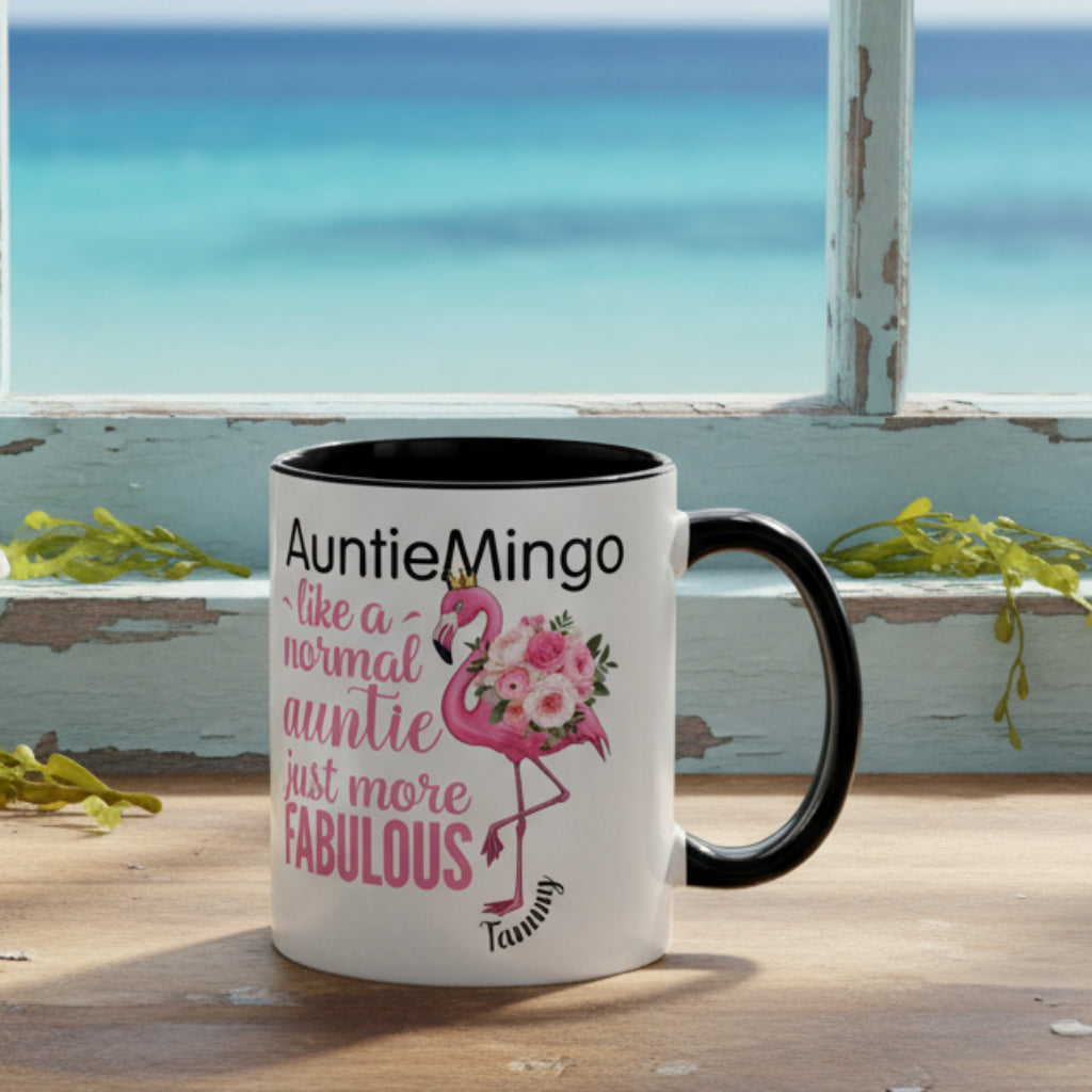 Mug with flamingo design and text on a white background