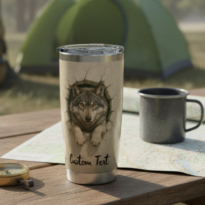 Tumbler with a wolf design breaking out of wall on both sides.