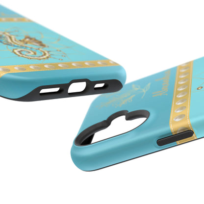 2 sides of Phone case with seahorse design and 'personalized' text on a teal blue background.
