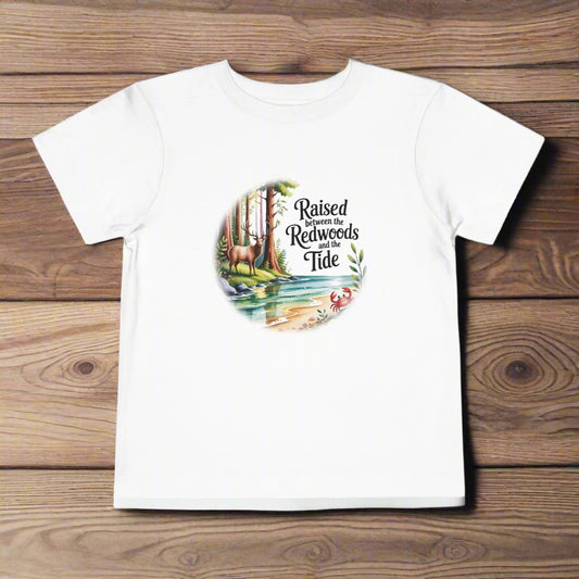 White t-shirt with a graphic design featuring trees and text on a white background