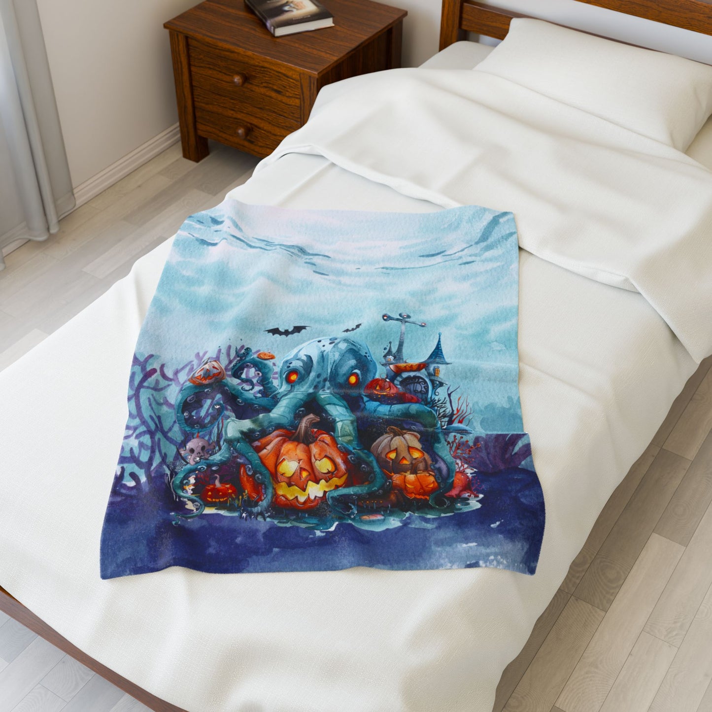 Light blue spooky plush 30" x 40" blanket featuring octopus and underwater Halloween scene.
