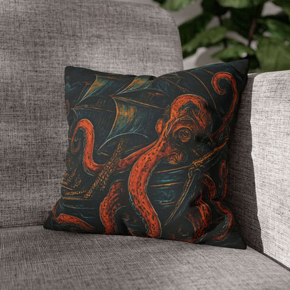 14 " x 14" Black pillowcase with a design of a large octopus enveloping an old sail ship.