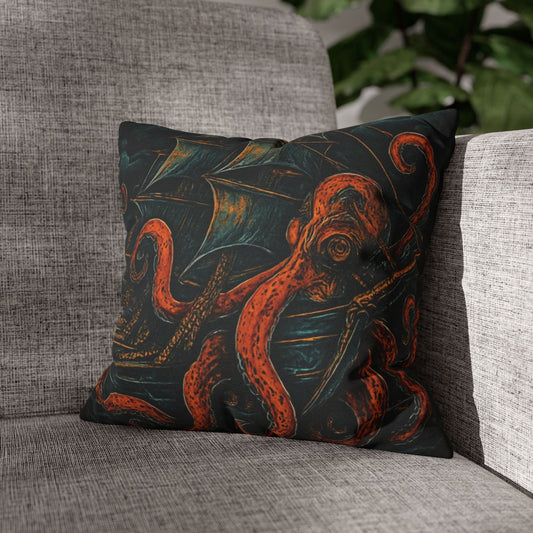 14 " x 14" Black pillowcase with a design of a large octopus enveloping an old sail ship.