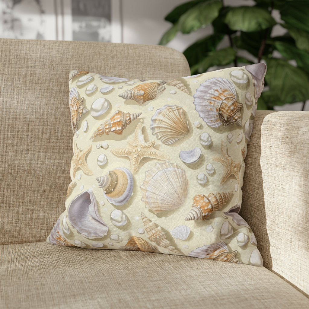 Decorative pillow with shell pattern on a sofa.