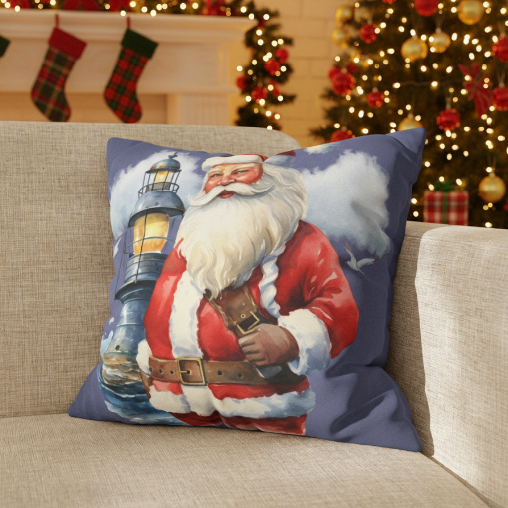 Decorative pillow with Santa Claus and lighthouse design on a couch.