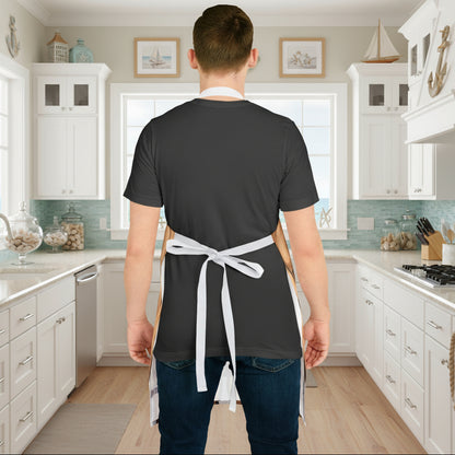 Person wearing a dark gray apron with a white apron over it on a white background