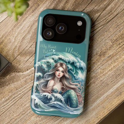 iPhone 17 Pro case with mermaid design on a wooden surface