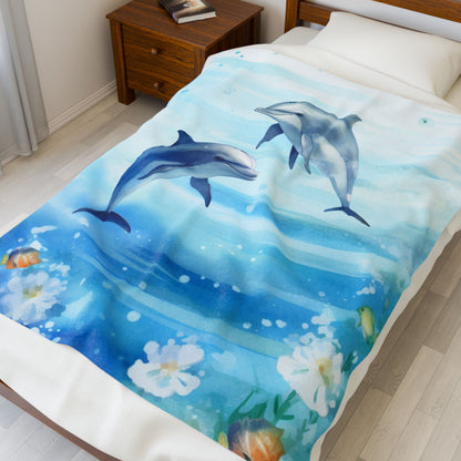 Tranquil Ocean Dolphin 50" x 60" blanket with watercolor dolphin design and coastal theme.