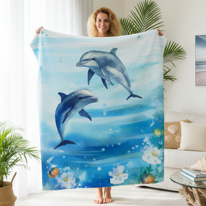 Person holding a blanket with dolphin design in a living room