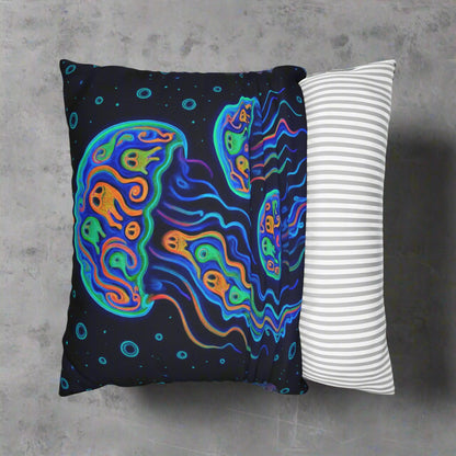 Colorful abstract pillow case showing the ease of removal.
