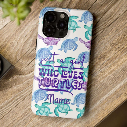 Phone case with sea turtle design and text on a wooden surface