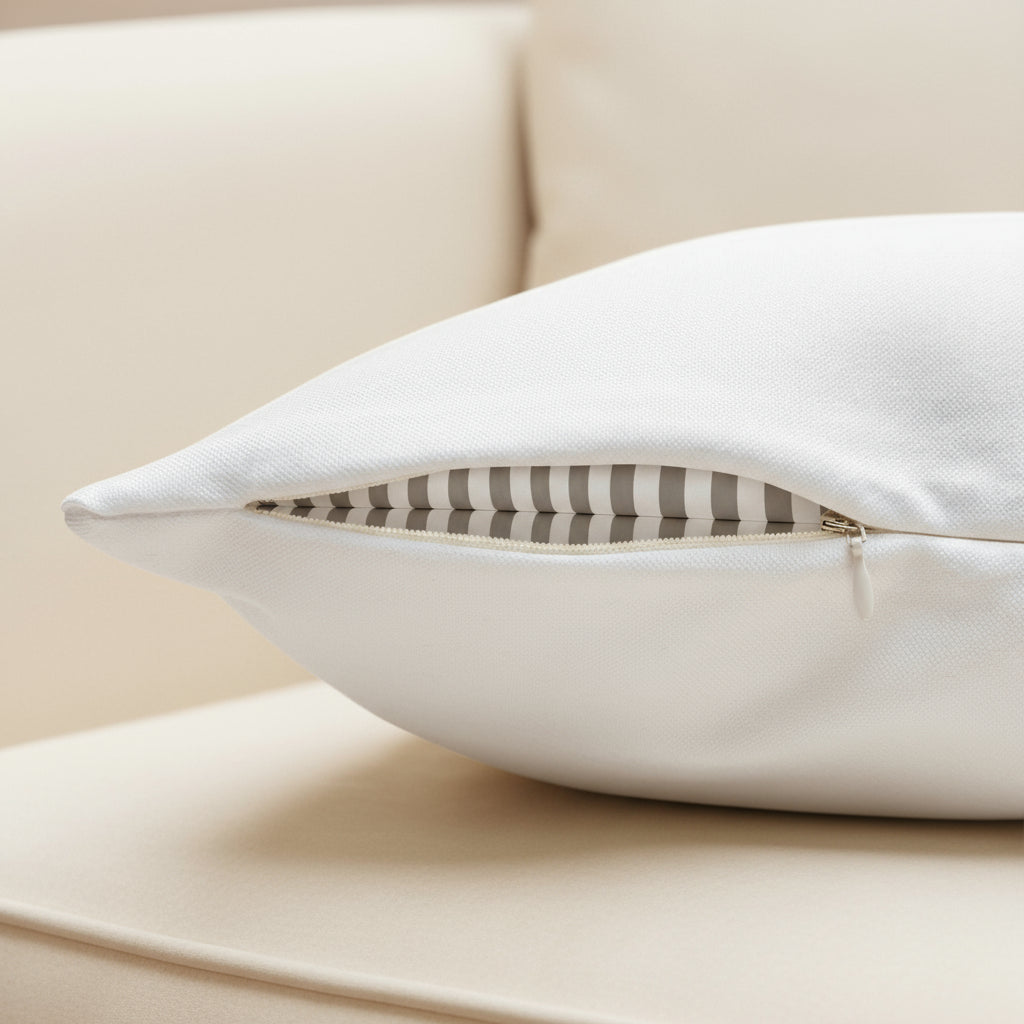 White pillow showing the concealed zipper.