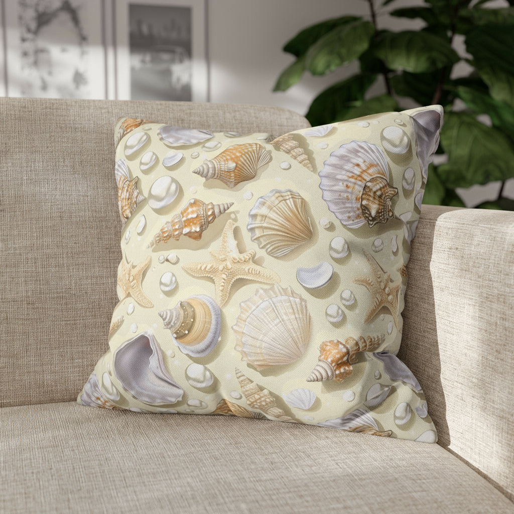 Decorative pillow with shell pattern on a sofa.