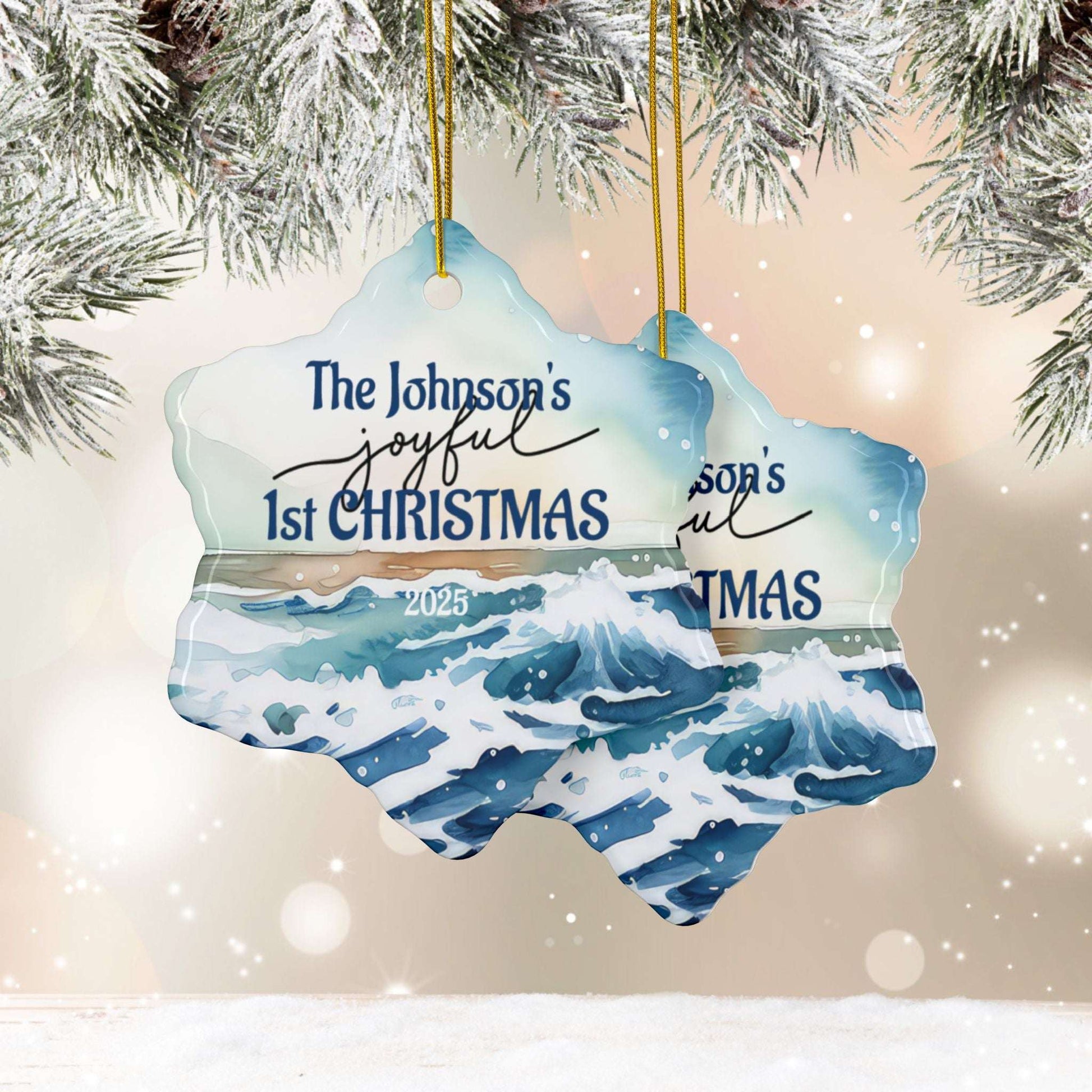 Decorative Christmas ornament with wave design and personalized text 'The Johnson's joyful 1st CHRISTMAS 2025' against a snowy background.