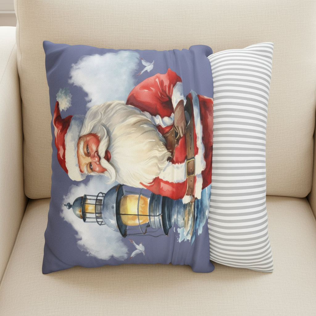 Decorative pillow with Santa Claus design showing the ease of removal.
