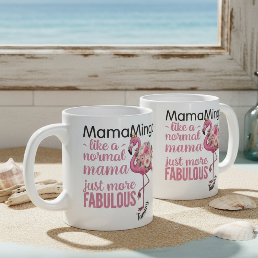 Two mugs with 'Mama Ming' design on a desk with office items.