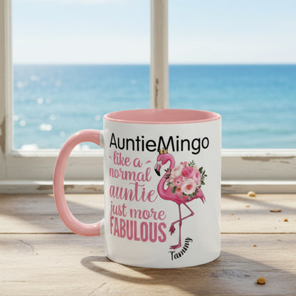 Mug with pink flamingo design and text on a white background