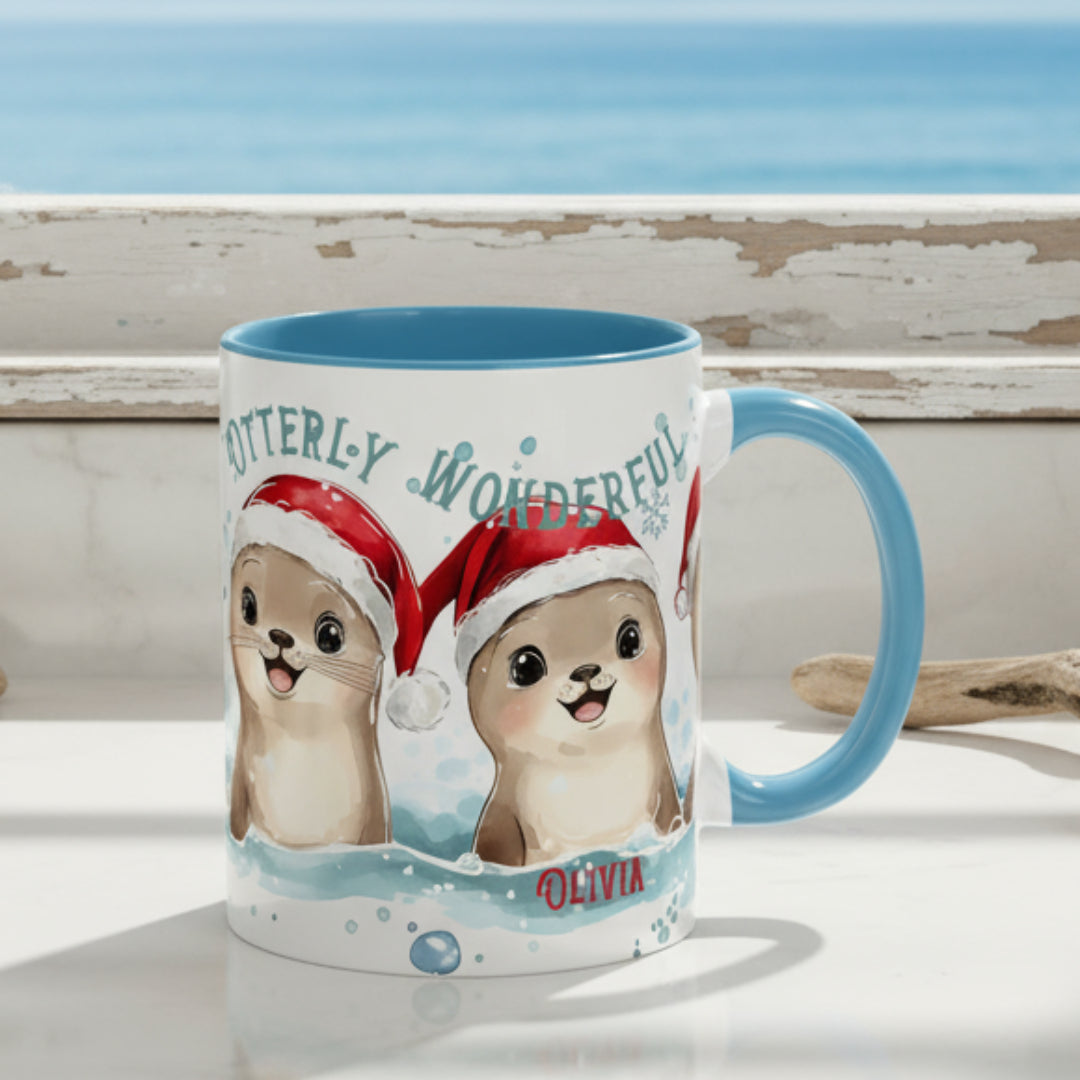 Mug with otters wearing Santa hats and the text 'Otterly Wonderful Olivia' on a white background.