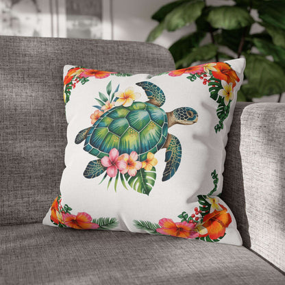 18" x 18" white pillowcase with hibiscus flowers and a sea turtle design.